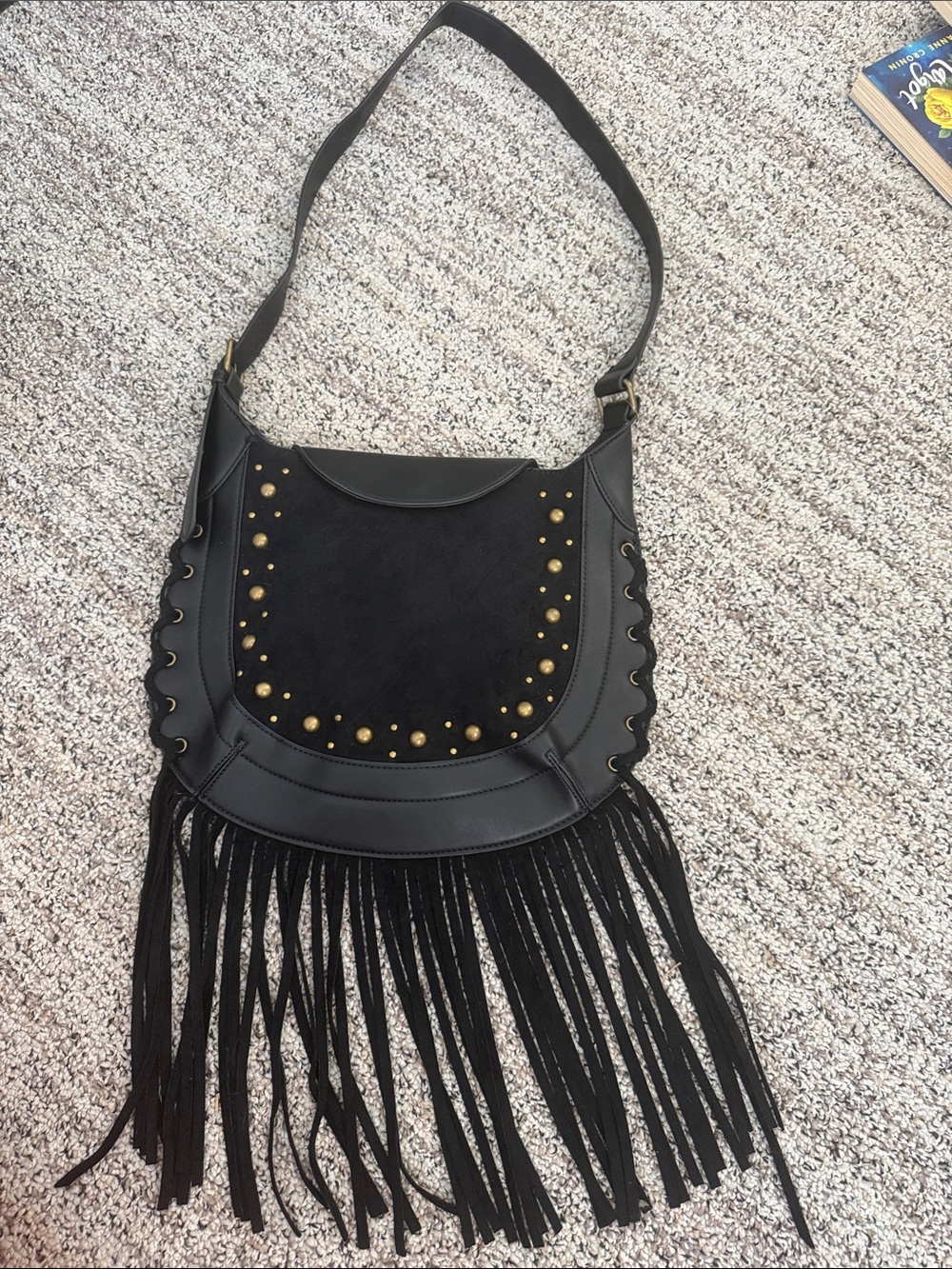 Fringed Studded Black Leather Shoulder Bag
